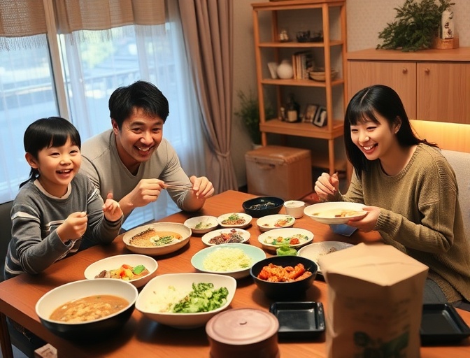 冷凍総菜弁当を楽しむ家族